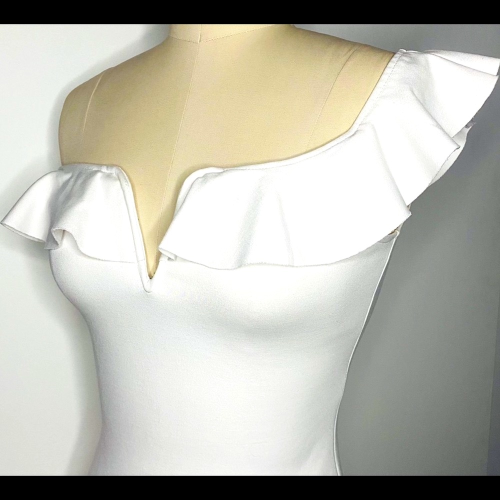 GUESS White Off-Shoulder Ruffle Stretch Bodysuit - Picture 6 of 9